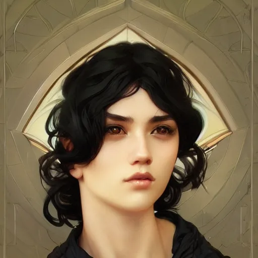 Image similar to young boy, black hair, gorgeous, amazing, feminine, elegant, intricate, highly detailed, digital painting, artstation, concept art, sharp focus, illustration, art by artgerm and greg rutkowski and alphonse mucha