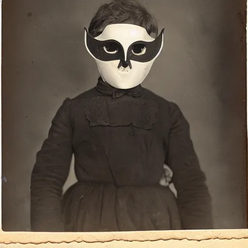 Prompt: kid wearing an old uncanny and macabre mask daguerrotype