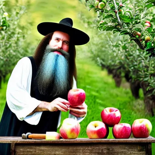 Image similar to beautiful professional photograph of a wizard with a very long white beard, creating, making, brewing, potions, elixirs, potions, in an apple orchard