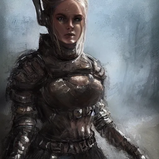 Prompt: a portrait of a woman in a post apocalyptic landscape in futuristic armour by ventrue, eve