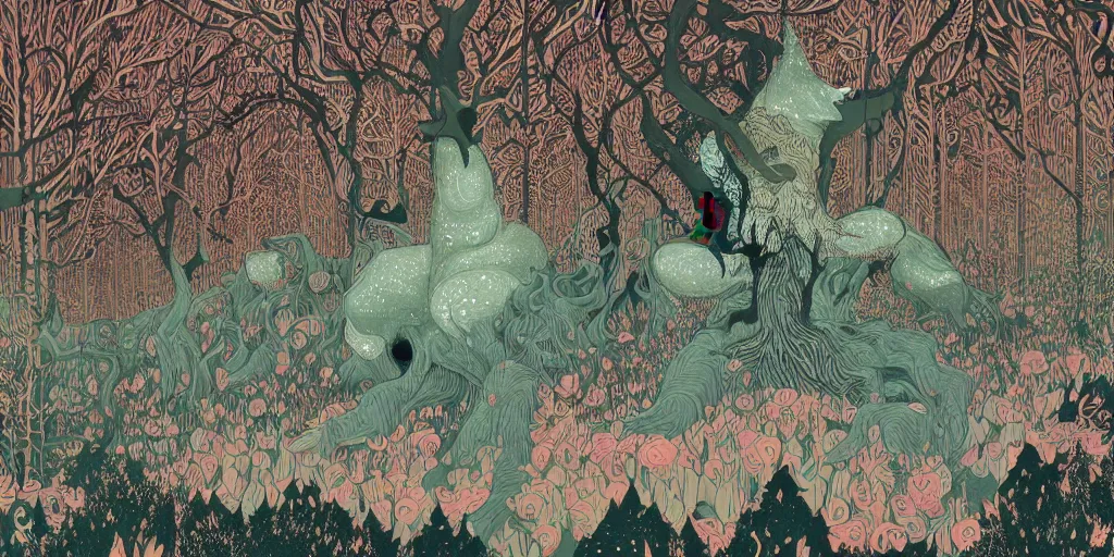 Prompt: a monster in an ornate forest by victo ngai