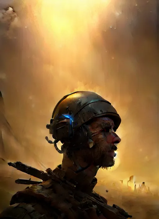 Image similar to closeup realistic portrait of a dystopian soldier in apocalyptic environment, backlit, oil painting, concept art, filip hodas, john howe, mike winkelmann, jessica rossier, andreas rocha, bruce pennington, albert bierstadt, peter mohrbacher, donato giancola, joseph christian leyendecker, wlop, boris vallejo