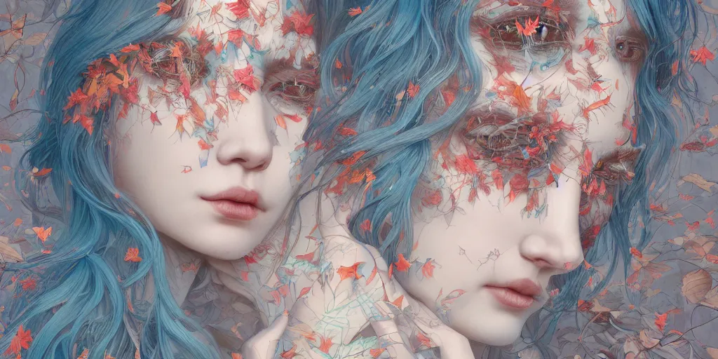 Image similar to breathtaking detailed concept art painting pattern of blue hair faces goddesses amalgamation autumn leaves with anxious piercing eyes, by hsiao - ron cheng and james jean, pastel colors, bizarre compositions, exquisite detail, 8 k
