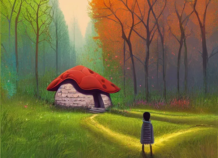 Image similar to Kanye West standing behind the window of his little mushroom house, magical forest, Alena Aenami