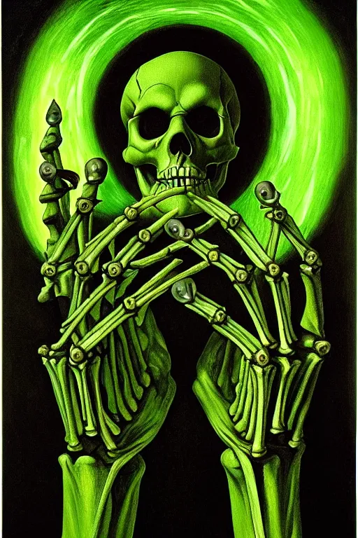 Image similar to a skeleton holding one hand aloft, glowing green candles, obelisks and black pyramids, obsidian ground, oil painting, high detail, dark lighting, atmospheric, extremely detailed, intricate, da vinci, michelangelo, caravaggio, hans holbein, raphael, donatello, 8 k