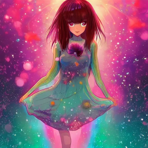 Image similar to psychedelic, whimsical, anime, 4k, beautiful intimate woman with professional makeup, long trippy hair, a crystal and flower dress, bathing in a reflective pond, underneath the stars, rainbow fireflies, trending on patreon, deviantart, twitter, artstation, volumetric lighting, heavy contrast, art style of Ross Tran and Ilya Kuvshinov
