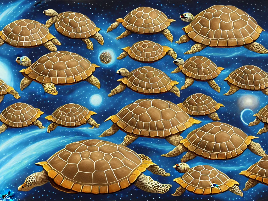 Image similar to portrait of a stack of celestial turtles with the flat earth on the back of the top one, white and gold scales, fantasy, intricate, highly detailed, digital painting, artstation, concept art, smooth and sharp focus