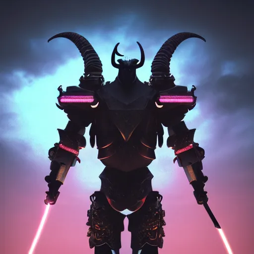 Prompt: wide shot, photo of a goat head, a huge humanoid goat-man with a katana, in a heavy futuristic armour without a helmet, hyper realistic, hyper detailed, coherent photo, trending on artstation, cyberpunk, Japanese style, volumetric lightning, neon, electric colours, Cinematic, Dramatic, Film Grain, Kodak Portra, Depth of Field, 15 mm octane render, 4k, raytracing, blender