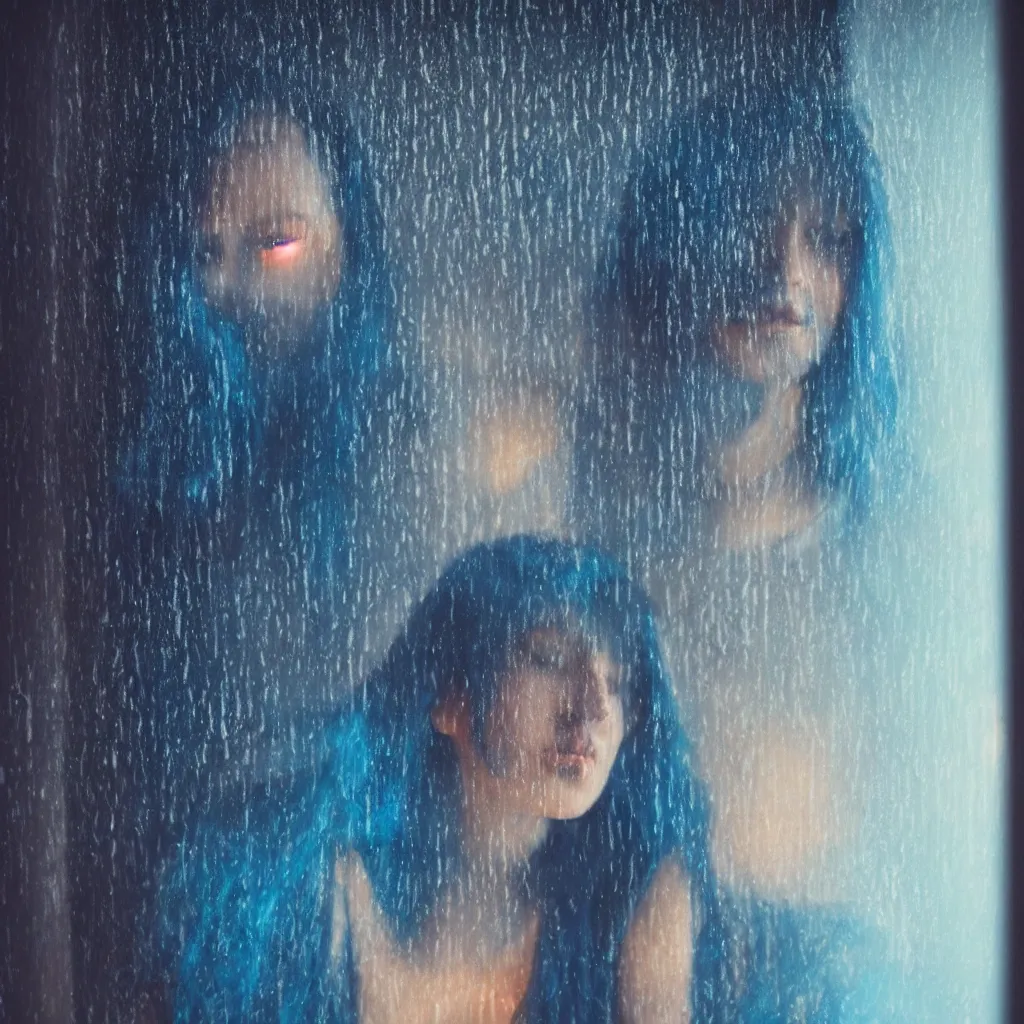 Image similar to beautiful over the shoulder photograph of a woman with dark-blue hair sitting in a bedroom next to a window on a rainy night, outside are neon lights from a busy city, award winning photo, artstation, atmospheric, high detail 1024