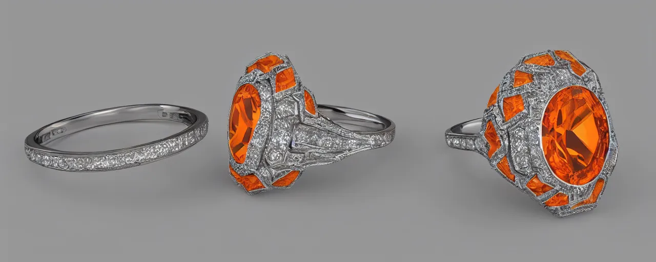 Prompt: simple white gold magic crystal ring, radiant cut, fire, orange, gold, smooth shank, crystal, engravings, diamonds, product design, jewelry, colorful, art by gerald brom, greg rutkowski and artgerm, photo realism, unreal engine, c 4 d