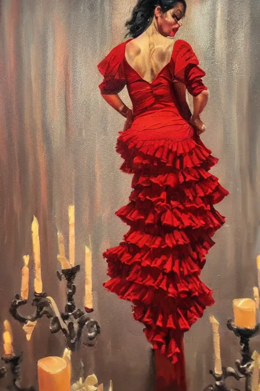 Image similar to vintage detailed oil painting of spanish flamenco dancer in mallorca wearing a red dress made of flowers, dimly lit by candles on the ground, looking away, dark shadows, photo realistic, extreme detail skin, no filter, slr, 4 k, high definition