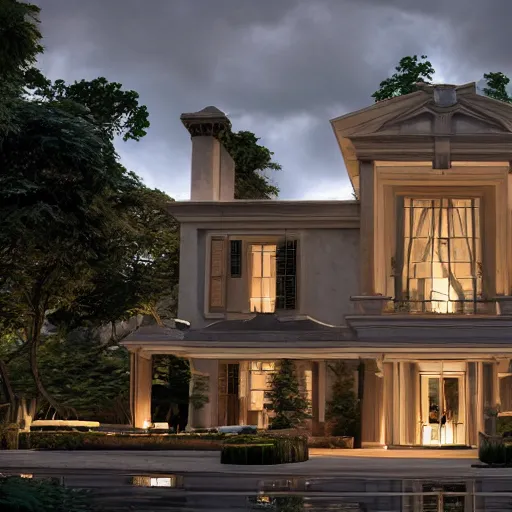 Prompt: Exterior of modern mansion, beautiful dynamic lighting, cinematic, wide angle establishing shot, extremely high detail, photo realistic, cinematic lighting, post processed, concept art, artstation, matte painting, style by eddie mendoza, raphael lacoste, alex ross, volumetric lighting, light rays, photorealistic, ultrarealistic, moody, coronarender, 8k