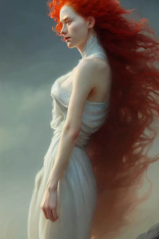 Image similar to portrait of a beautiful nordic woman, curly red hair, wearing a white dress, extremely detailed digital painting, in the style of fenghua zhong and ruan jia and jeremy lipking and peter mohrbacher, mystical colors, rim light, beautiful lighting, 8 k, stunning scene, raytracing, octane, trending on artstation