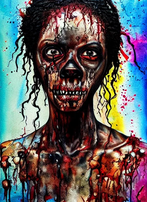 Image similar to african american zombie hollywood artwork professional acting headshot, hyperrealism, intricate detail, studio lighting, charming expression gesicht, hauntingly beautiful zombie, watercolor art, epic, legendary, drawn and painted, colored layers, dulled contrast, exquisite fine art, splatterpaint