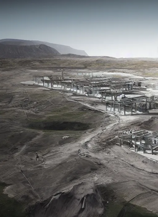 Image similar to bioremediation transparent white architecture, in the mining tailings of chuquicamata, epic, cinematic, hyperealistic, high detailed, corona render, hdr, ray tracing