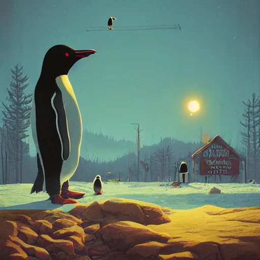 Image similar to penguin, art by simon stalenhag