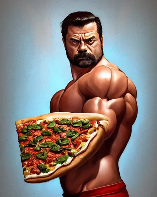 Image similar to gigachad ron swanson bodybuilder holding a pizza in final fight office by ilya kuvshinov, ernest khalimov body by krista sudmalis, fantasy character portrait, ultra realistic, concept art, intricate details, elegent, digital painting, smooth, sharp focus, illustration, art by artgerm and greg rutkowski and alphonse mucha, artstation