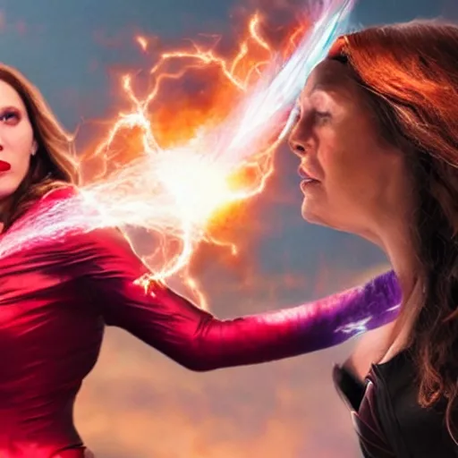 Image similar to human scarlet witch killing thanos with her red magic, hyper realistic