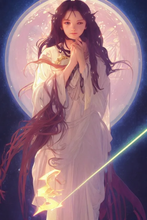 Image similar to a cute wizard girl conjuring a lightening ball, character art portrait, anime key visual, official media, illustrated by alphonse mucha, wlop, william bouguereau, extremely detailed, 8 k, trending on artstation, cinematic lighting, beautiful