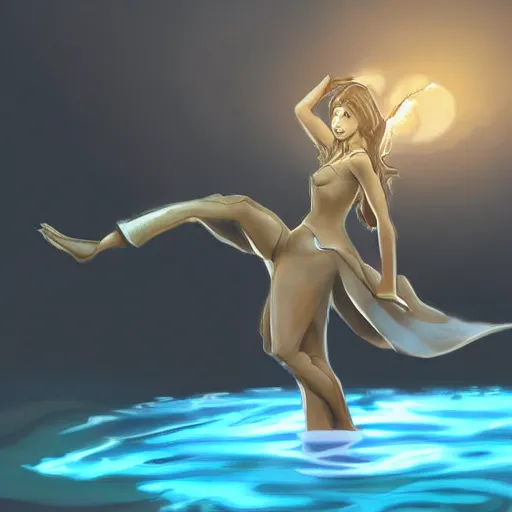 Image similar to a drawing of a woman controlling water, concept art by mor than, featured on deviantart, sots art, official art, dynamic pose