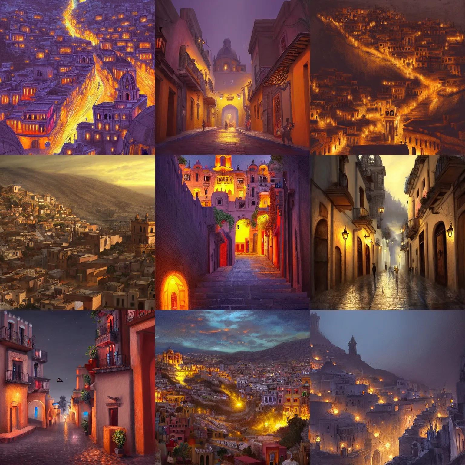 Prompt: concept art of guanajuato at night, 8 k, detailed, tunnels, arches, trending on artstation, style of tomas scholes and richard wright, masterpiece