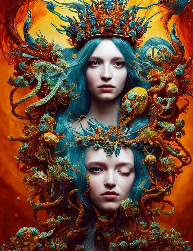 Image similar to blurred background. close-up portrait of a goddess in crown made of skulls. betta fish, phoenix, bioluminiscent creature, super intricate ornaments, by Anne Bachelier by Anka Zhuravleva, Anato Finnstark and Alena Aenami, Bruno Walpoth. unreal engine