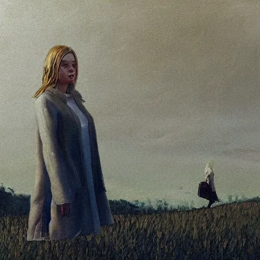 Prompt: Elle Fanning in the painted world of Life is Strange, head and shoulders masterpiece, apocalypse, golden hour, cosmic horror, artstation, in the style of Andrew Wyeth and Edward Hopper and Bosch, extremely detailed