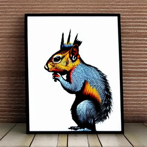 Image similar to Cool looking squirrel with a styled colorful mohican haircut, wall art, by Banksy, masterpiece, award-winning, hyperdetailed, photorealistic