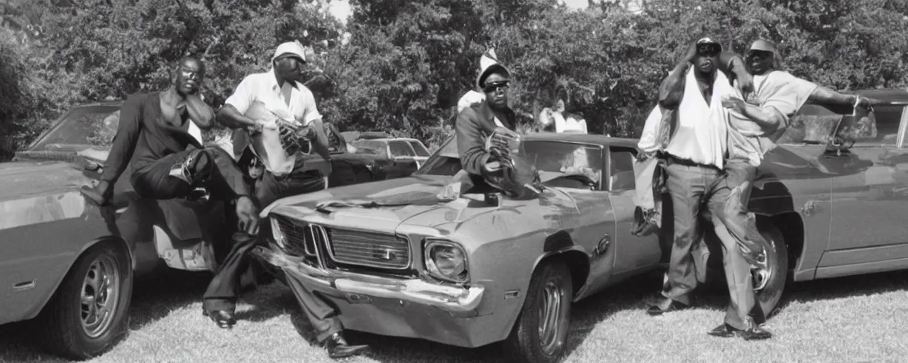 Prompt: gangsta boasting with cash and guns in front of a muscle car