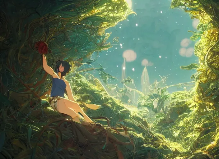 Image similar to time does not exist anymore, open ceiling, overgrown vegetation, golden curve composition, animation portrait concept art, style of makoto shinkai, xision, james jean and peter mohrbacher, studio ghibli, artgerm, karol bak, dan mumford, 4 k hd, animation style