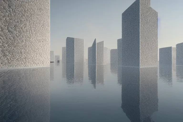 Image similar to white egg spaces of different sizes intersect and combine to form coral like buildings. on the calm lake surface, people's perspective, future, interior wood, marble, award winning, highly detailed 4 k art, dusk, unreal engine highly rendered, global illumination, radial light, internal environment by kazuyo sejima