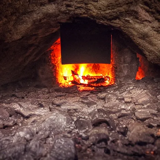 Prompt: im sitting in a dark cave, it's raining outside, there is a fire keeping me warm, detailed, photograph, natural lighting