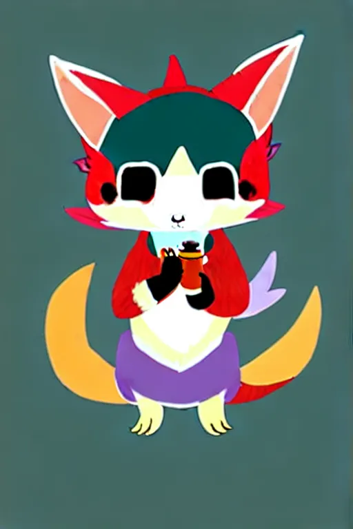 Image similar to cute chibi kawaii dragon fox boy with kind eyes, a bunch of fur, a beautiful couture sweatshirt, and the ability to play a bird flute inside a cozy mountain dwelling with flowers on the table