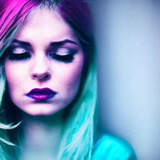 Image similar to a photo of a beautiful woman. moody and melanchonic. with a little bit of cyan and pink