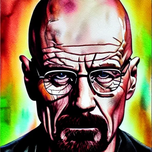 Prompt: detailed portrait of walter white,watercolor painting,realistic,photorealistic,detailed face,hyperdetailed,professional lighting,trending on instagram,4k