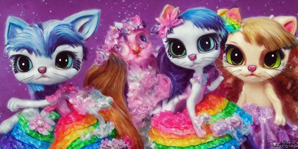 Image similar to 3 d littlest pet shop cat, lacey accessories, glittery wedding, ice cream, gothic, raven, rainbow, master painter and art style of noel coypel, art of emile eisman - semenowsky, art of edouard bisson