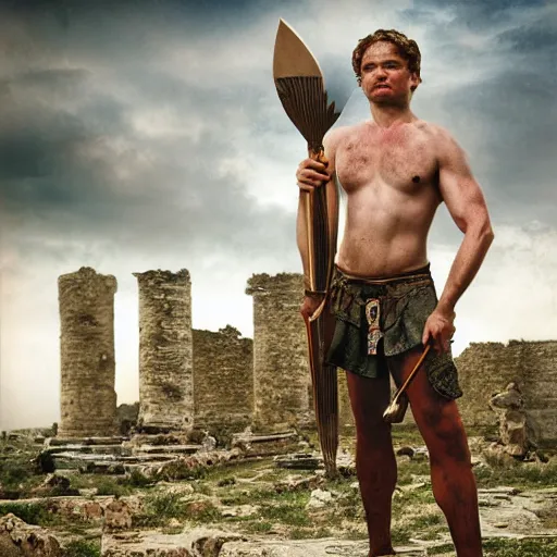 Image similar to portrait of Achilles holding a spear, standing in ruins, fallen columns, highly detailed face, tom chambers photography