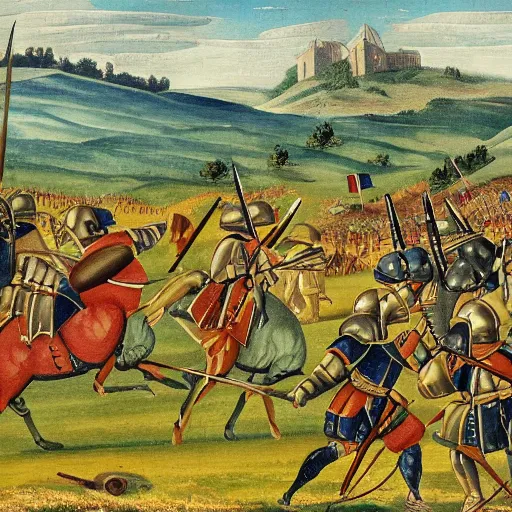 Prompt: a painting of a medieval battle, flat grassy field, highly detailed