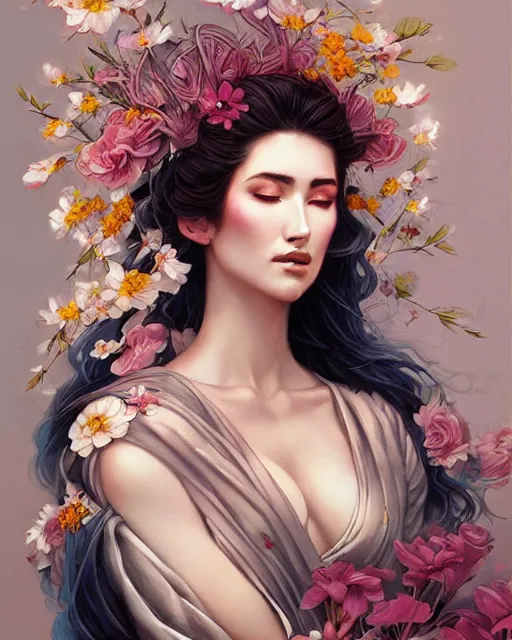Prompt: Beautiful greek goddess covered in flowers wearing a silk kimono, artgerm, peter mohrbacher, artstation