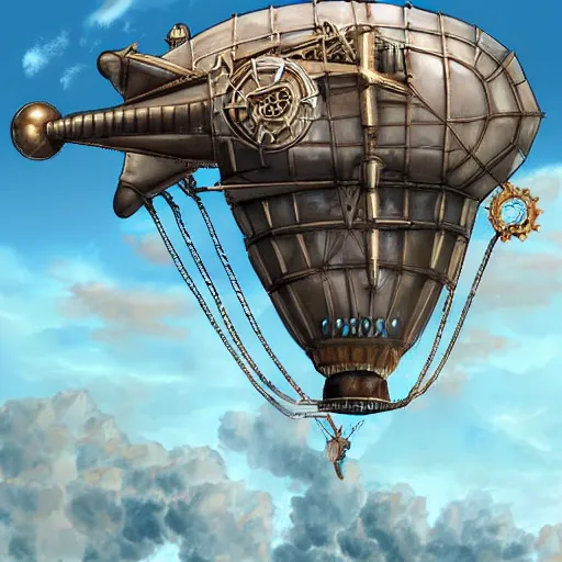 Prompt: steampunk airship flying through clear blue skies, epic fantasy art style HD