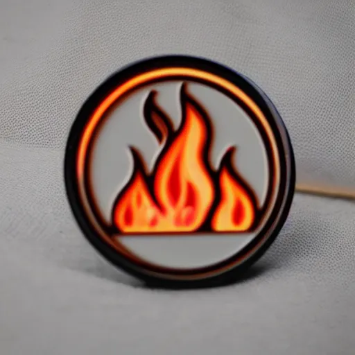 Prompt: an award - winning photo of minimalistic clean fire flames warning label enamel pin, beautiful cinematic light, behance