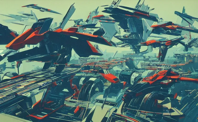 Image similar to way too many giant robot birds, art by syd mead, extremely detailed, high quality,