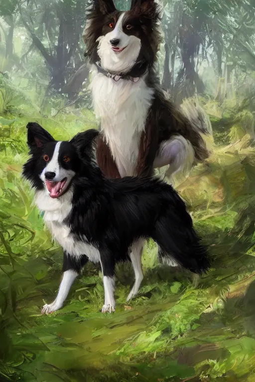 Image similar to portrait of a cute anthro male anthropomorphic border collie fursona wearing a suit in a sunny glade. by henry asencio, jon foster, and ross tran. scenic background, highly detailed, concept art, furry, glamor pose, elegant, aesthetic, beautiful, trending on artstation, top rated on furaffinity and deviantart