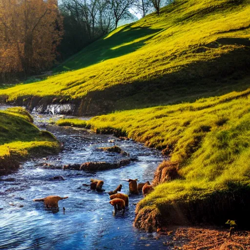 Prompt: landscape photography, warm sun, cozy stream, cows on the meadow, 4k