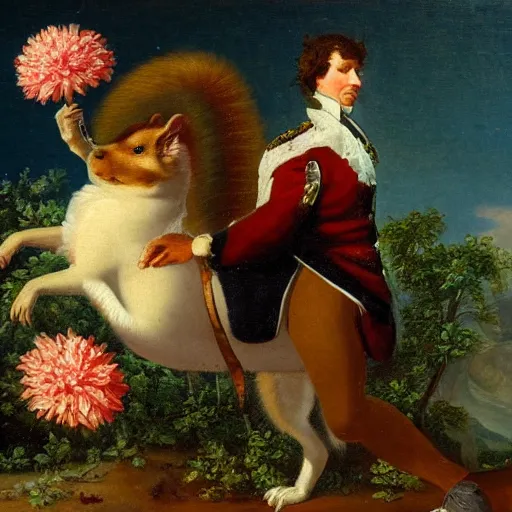 Image similar to a giant squirrel carrying napoleon bonaparte on its back, beach scene with flowers and foliage, detailed oil painting