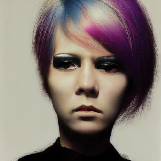 Image similar to A young woman with dyed hair hair looking disgusted away from the camera, Punk, Portrait by Noriyoshi Ohrai, rendered in octane, oil on canvas