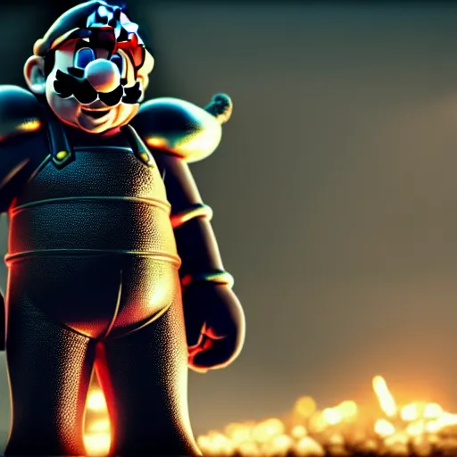 Image similar to mario mario in the elden ring universe wearing a suit of knights armor from the neck down and fighting god rick the grafted, hyper detail, octane render, 4 k, realistic lighting