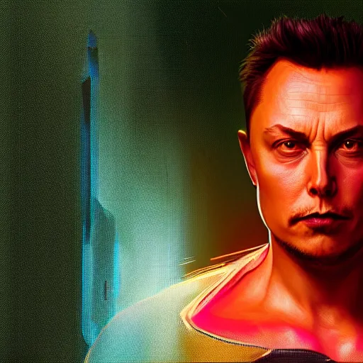 Prompt: ominous portrait, portrait of chubby Elon Musk as a cyberpunk 2077 loading screen, symmetry, front view, intricate, studio, art by anthony macbain + greg rutkowski + alphonse mucha, concept art, 4k, sharp focus