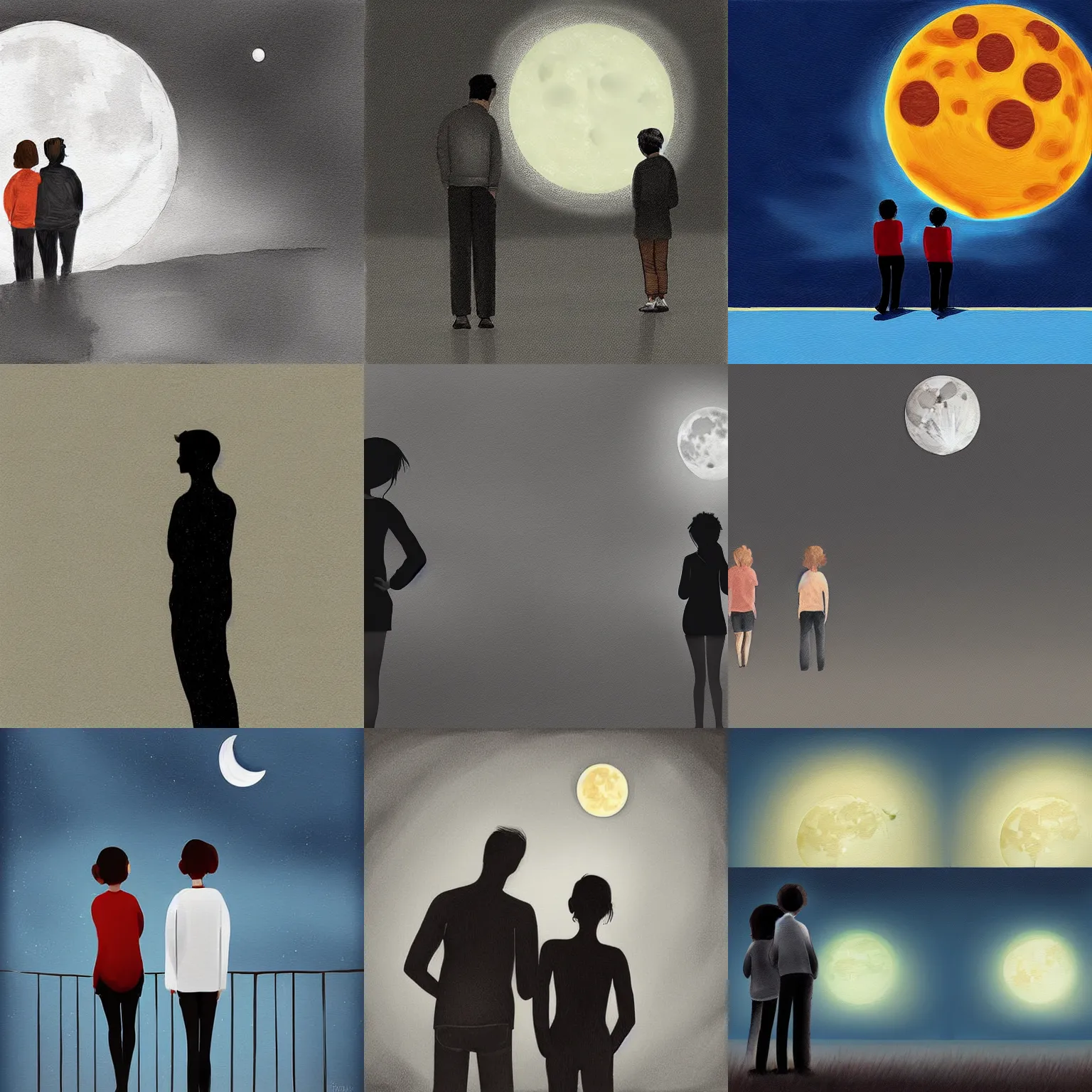 Prompt: Two people looking at the moon, melancholic, digital painting