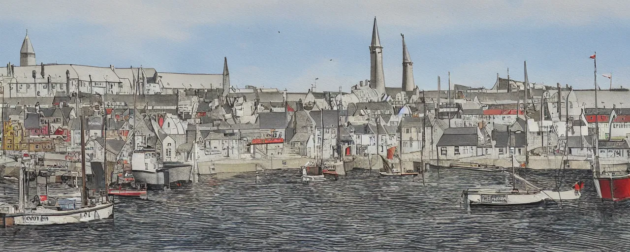 Prompt: a painting of the harbour at Stromness orkney, Political newspaper cartoon